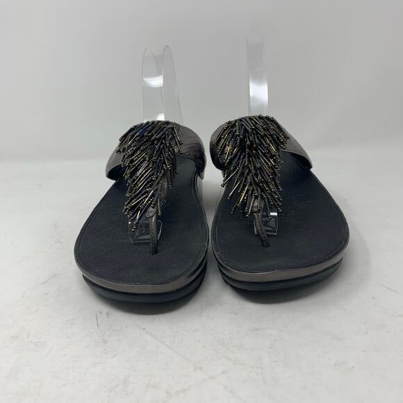 Fitflop Rumba Size 7 Pewter Silver Metallic Leather Beaded Fringe Sandal Wedge - Picture 2 of 8